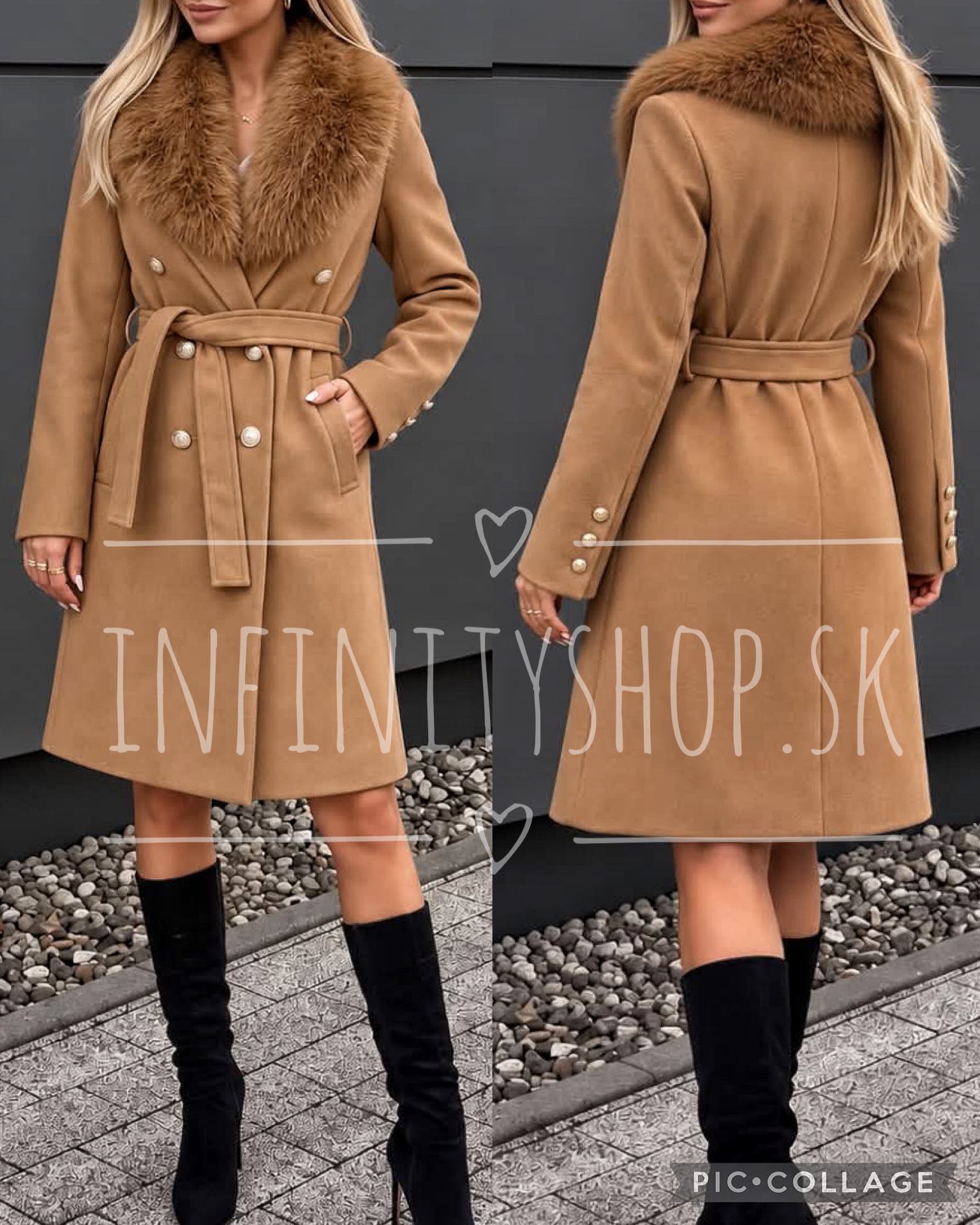Elegantný flaušový kabát s kožušinou 5940